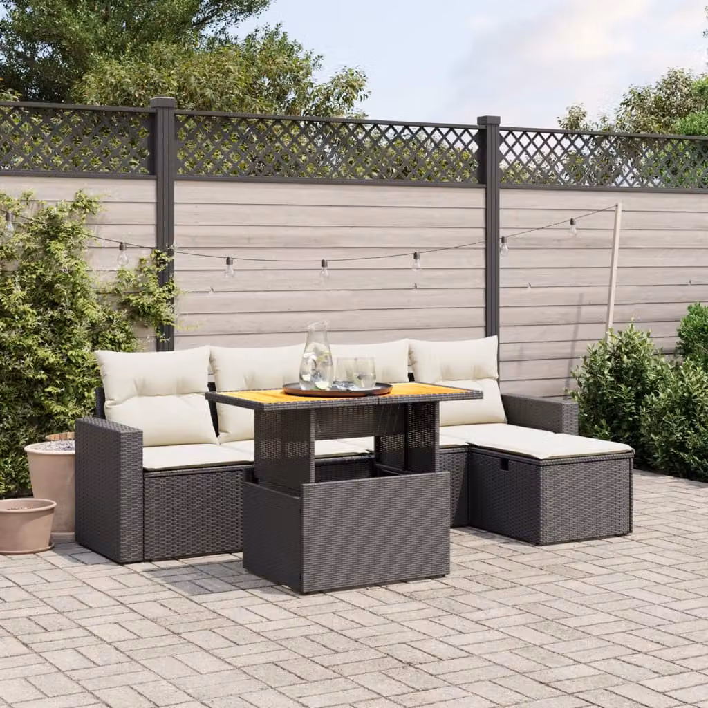 Set Divano da Giardino vidaXL 6 pz in Polyrattan con Cuscini, Tavolino e Ottoman, Design Moderno L-Shape, Nero e Bianco – 1