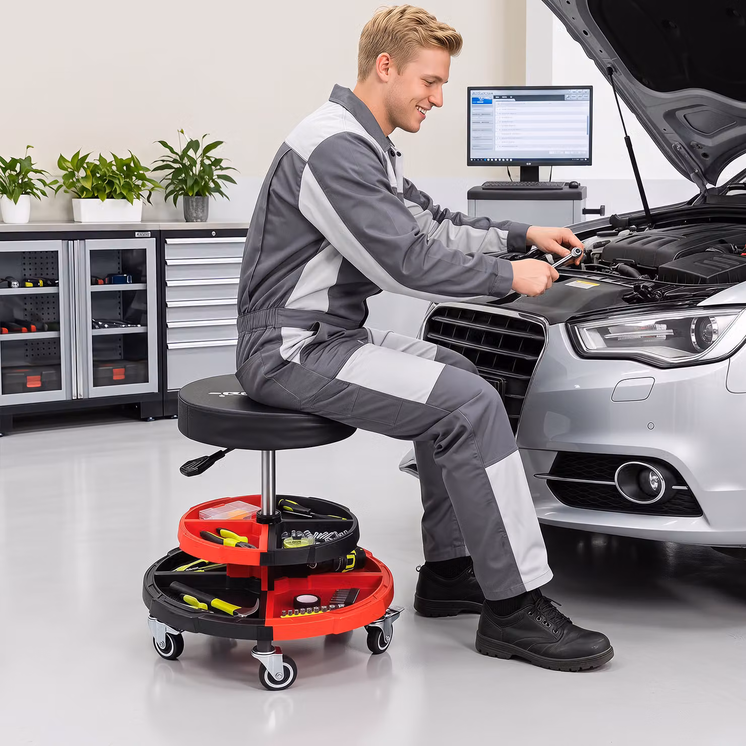 Sgabello da officina Costway nero con 5 ruote girevoli, seduta imbottita, doppio vassoio e altezza regolabile per garage e meccanico