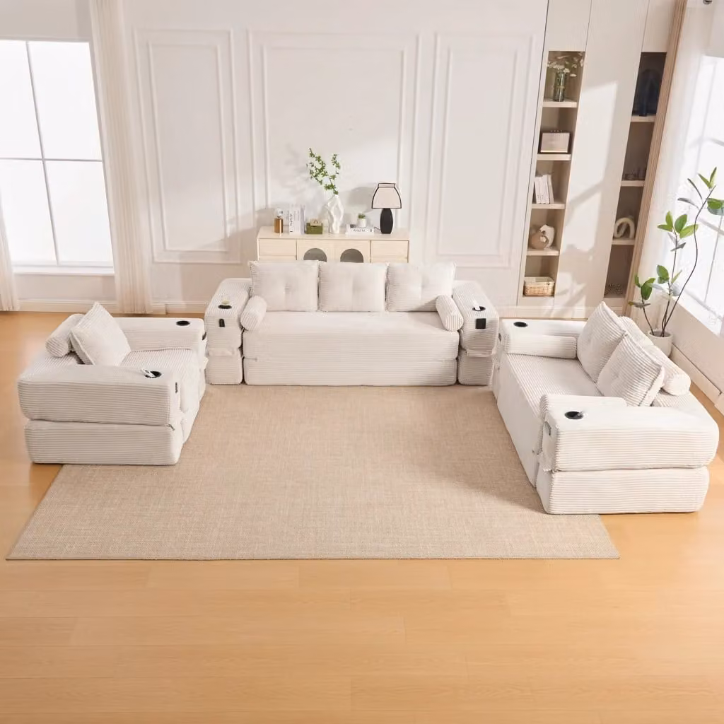 Divano letto modulare Mivray in velluto beige con funzione notte e portabevande integrato