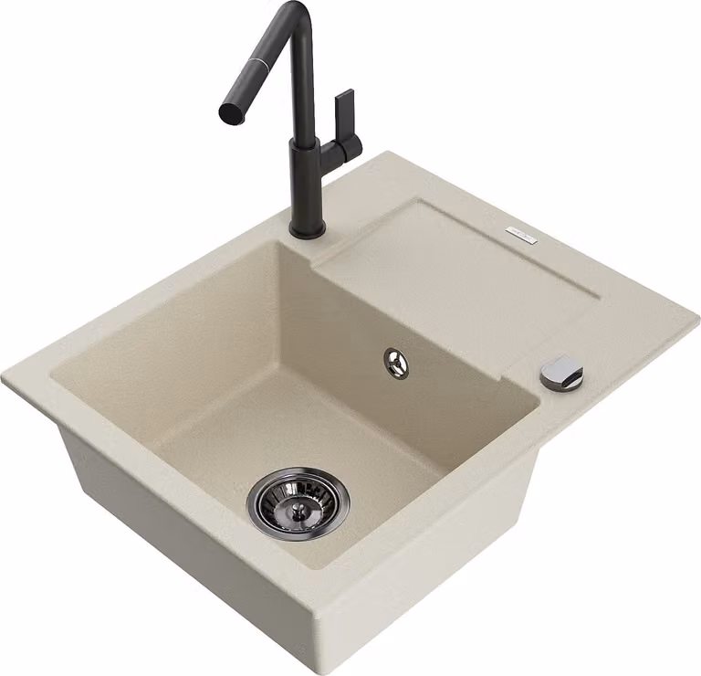 Mexen Enzo lavello da cucina in granito 1 vasca con scolapiatti e rubinetto da cucina Flora, beige - 6506-69-670401-70-B