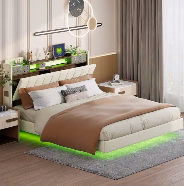 Letto imbottito modulare 160 × 200 cm con LED; USB e vano contenitore nella testiera; beige