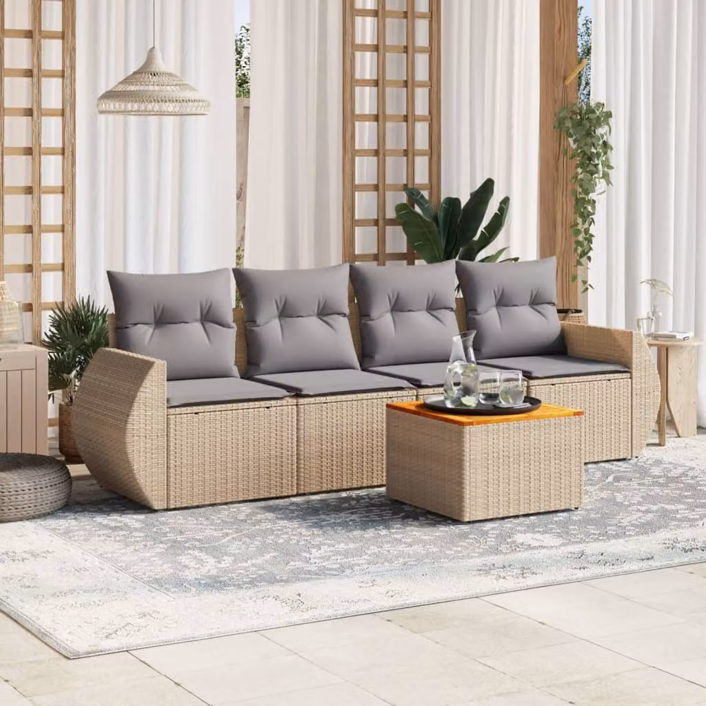 vidaXL Set Divano da Giardino 5 pz in Polyrattan con Cuscini Beige e Grigio per Terrazza e Giardino