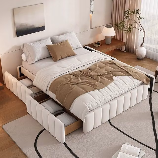 Letto con cassetti capitonnato - Xylo - 140x200 cm - Beige - Senza testiera