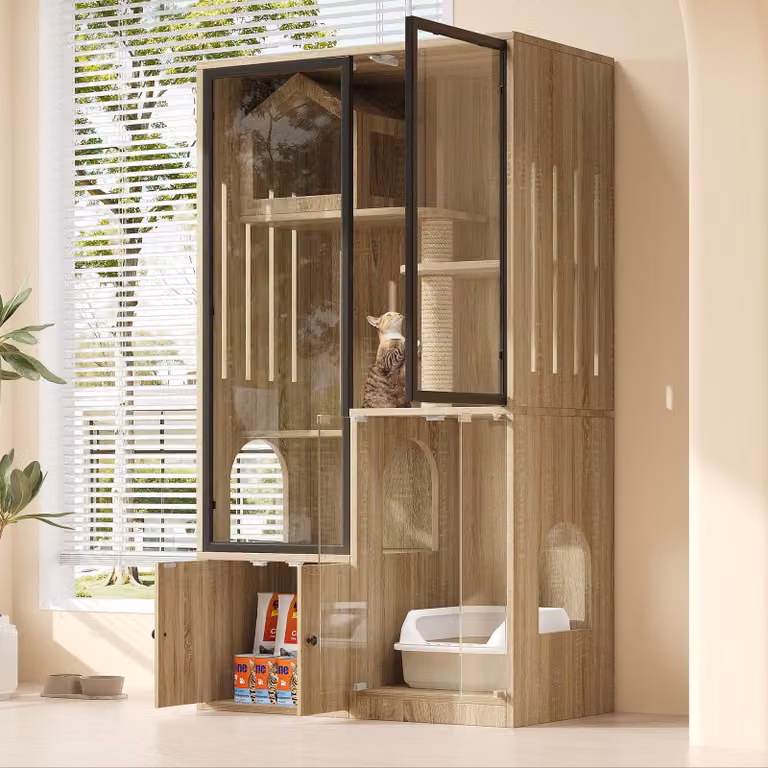 Flieks mobile alto con casetta per gatti e tiragraffi, villa per gatti con cassetti, set di mobili per animali domestici gabbia per gatti con porte in vetro, finitura naturale