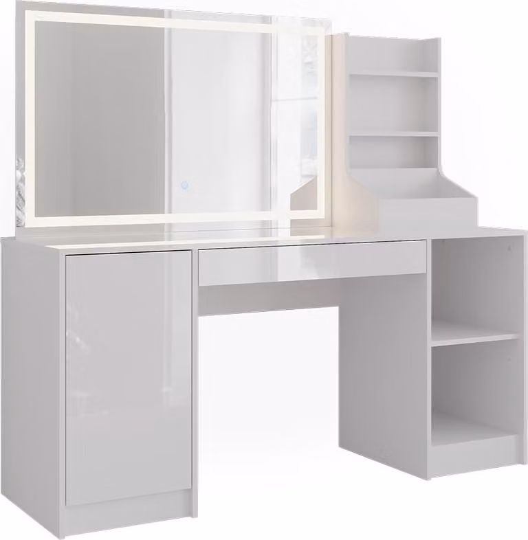 Tavolo da toeletta Vicco Sherry Bianco/Bianco lucido 158.2 cm con specchio a LED, Model 57652