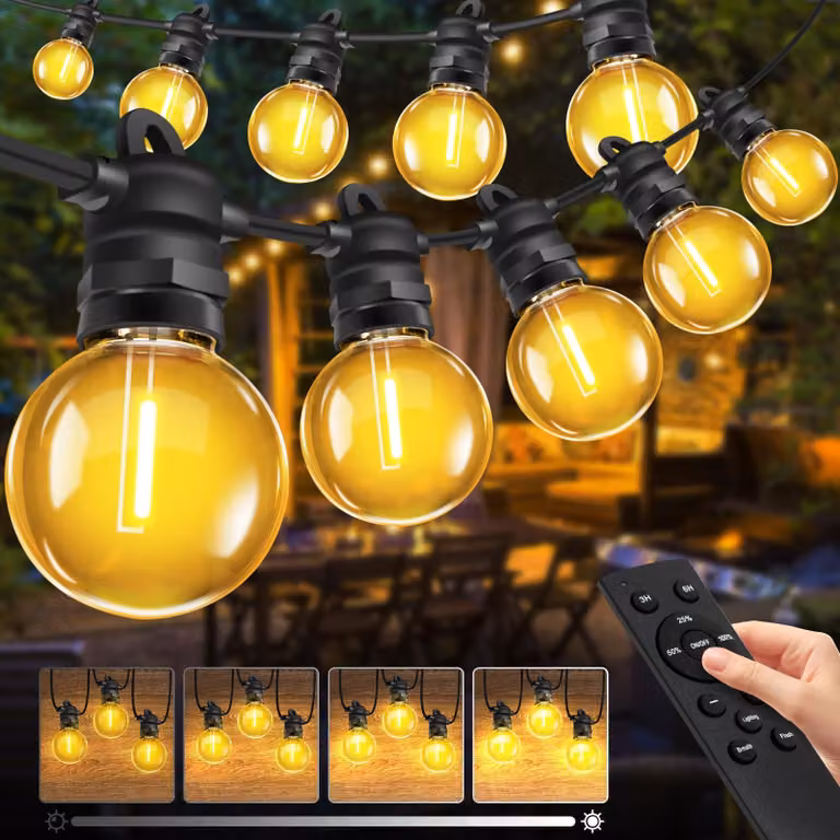 Catena luminosa da esterno, 20 metri, con lampadine G40 – Ideale per balconi, con telecomando e dimmer