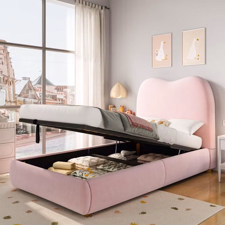 MODFU letto singolo 90x200 imbottito con testiera e ampio vano contenitore, struttura letto funzionale con rete a doghe, letto per bambini senza materasso, rosa