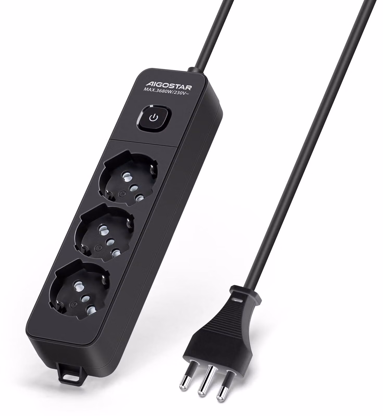 Ciabatta multipresa Aigostar, con 3 prese, interruttore, 250 V/3680 W, cavo da 3 metri. Colore: nero