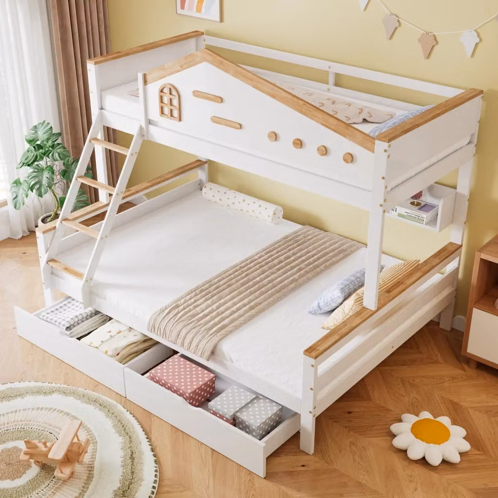 Letto a castello per bambini REDOM con struttura a casetta, 2 cassetti e mensole, Bianco/Beige, L/P/H: 148,5 x 205 x 167,5 cm – 2