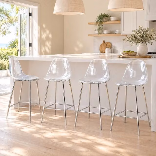 Sgabello da bar moderno MIVRAY con seduta trasparente in plastica e struttura in metallo argentato con poggiapiedi – 1