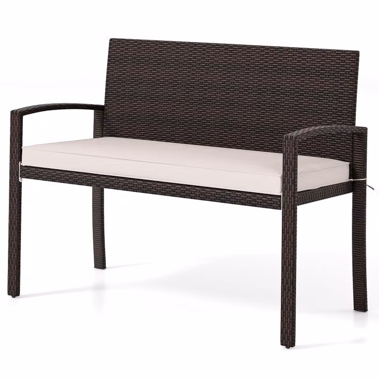 COSTWAY Panca da giardino in polyrattan con cuscino di seduta, vasca da balcone resistente alle intemperie, panca a 2 posti trasportabile fino a 360 kg, panca da patio 110x56x84cm Beige