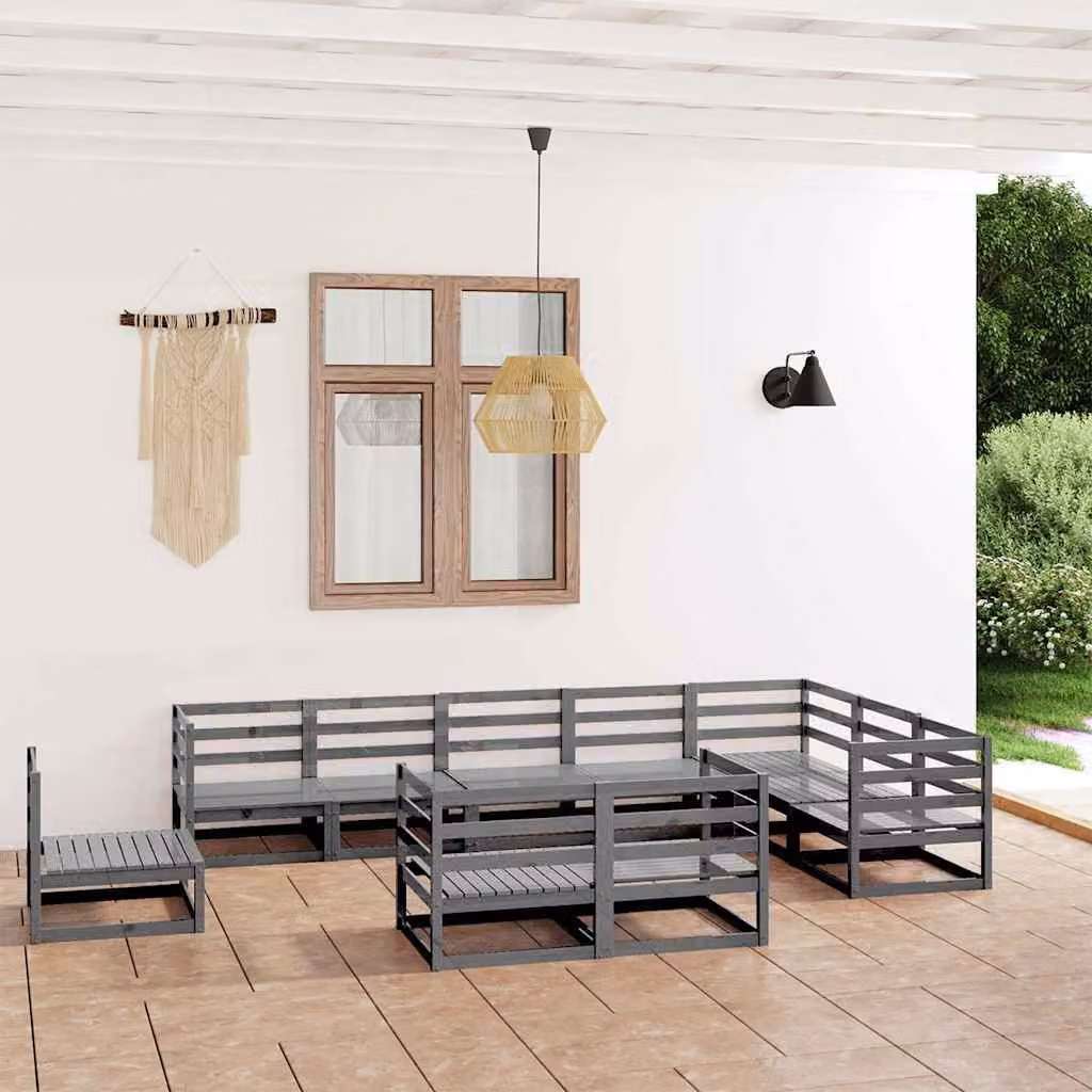 Set di divani da giardino vidaXL in legno massello di pino, 10 pezzi, grigio rustico