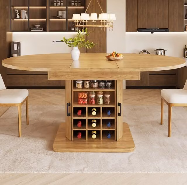 Tavolo da pranzo allungabile con piano in MDF e ampio spazio contenitivo, colore naturale