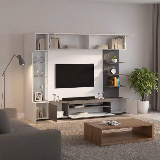 Parete Attrezzata Galatina DMORA con 8 Ripiani, Grigio e Bianco, L: 245 cm, P: 40 cm, H: 191.2 cm