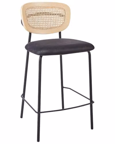 Beliani Set di 2 sedie da bar moderne Sgabelli con schienale in rattan a treccia viennese Seduta in poliestere senza braccioli Gambe nere