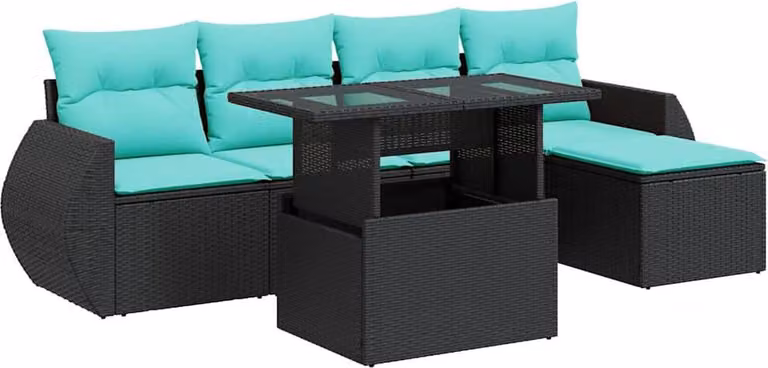 Set Divano da Giardino 6 pz con Cuscini Nero Polyrattan Acacia