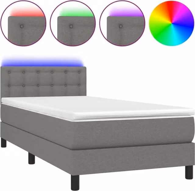 Letto singolo | Letto per adulti | Letto a Molle Materasso e LED Grigio Scuro 90x200 cm in Tessuto