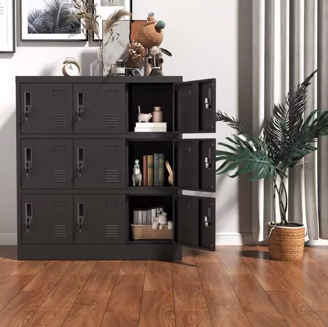 Armadio in Metallo Nero con 9 Ante, Armadietto Sicuro in Acciaio 100x90x40 cm per Ufficio, Palestra, Scuola e Casa