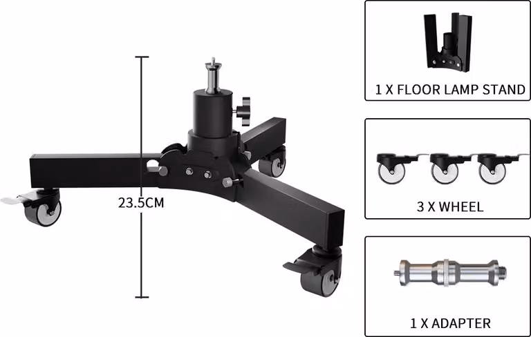 Lampada da terra con piedistallo, altezza regolabile a 125 cm, inclusa base con 3 ruote