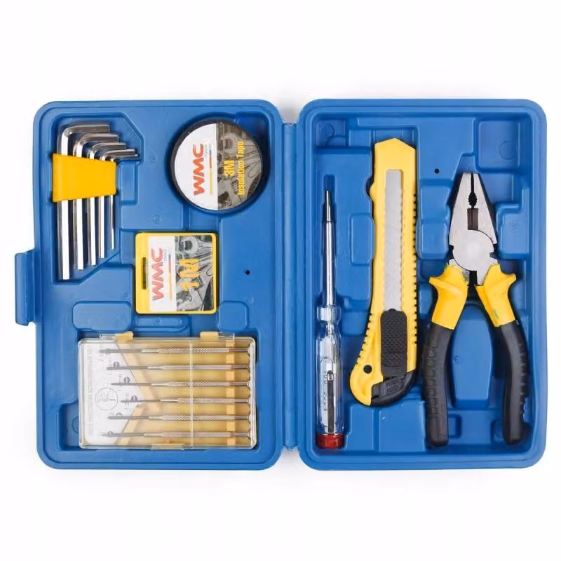 Set di attrezzi WMC da 17 pezzi con chiave, coltello multiuso, metro a nastro, pinza combinata e nastro isolante: ideale per tutti gli appassionati del fai da te, dotazione base universale, alta qualità