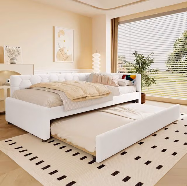 Letto 90x200 cm con letto estraibile; USB; Type-C e luce notturna in bouclé bianco