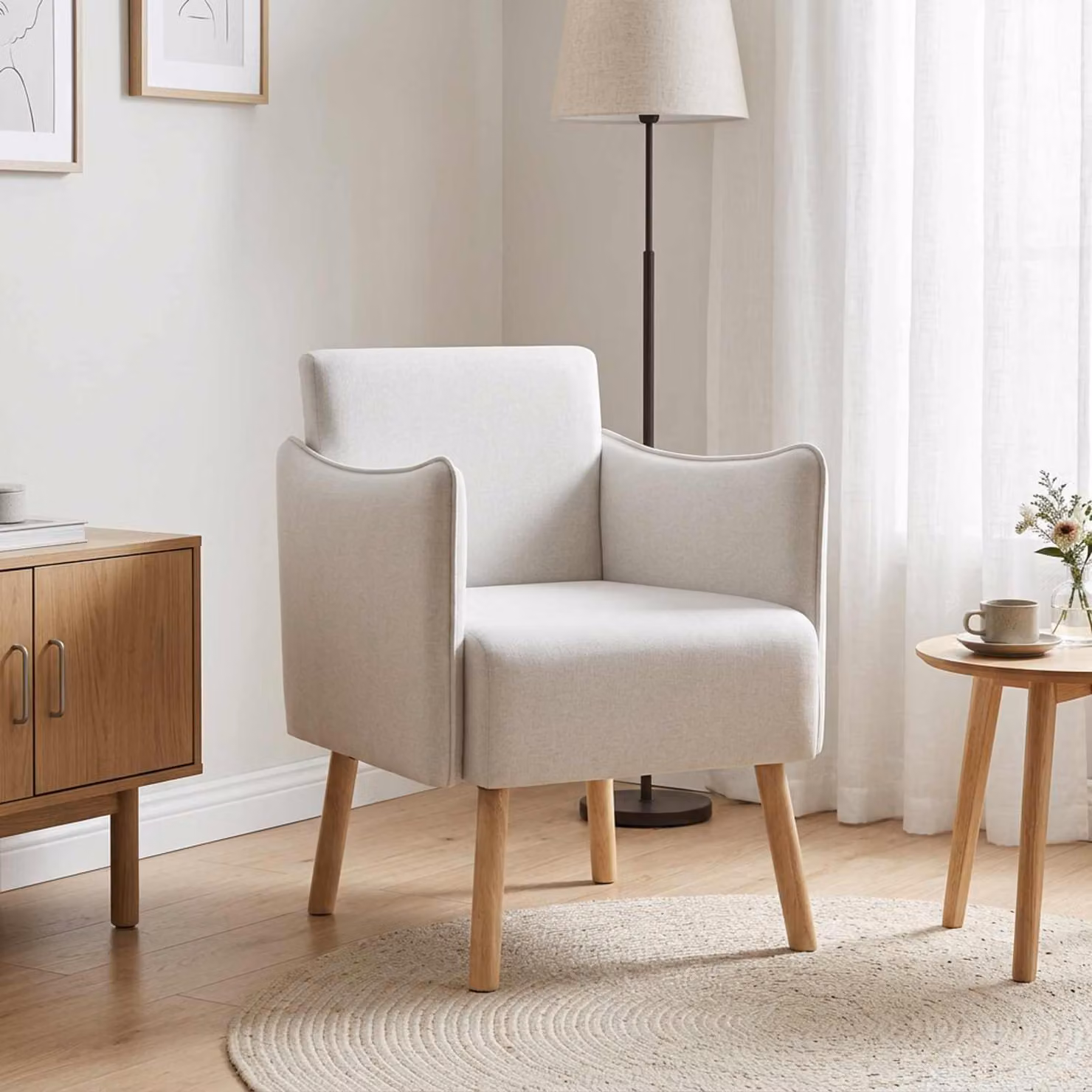 Sedia d'accento moderna vidaXL in tessuto bianco con braccioli e struttura mista