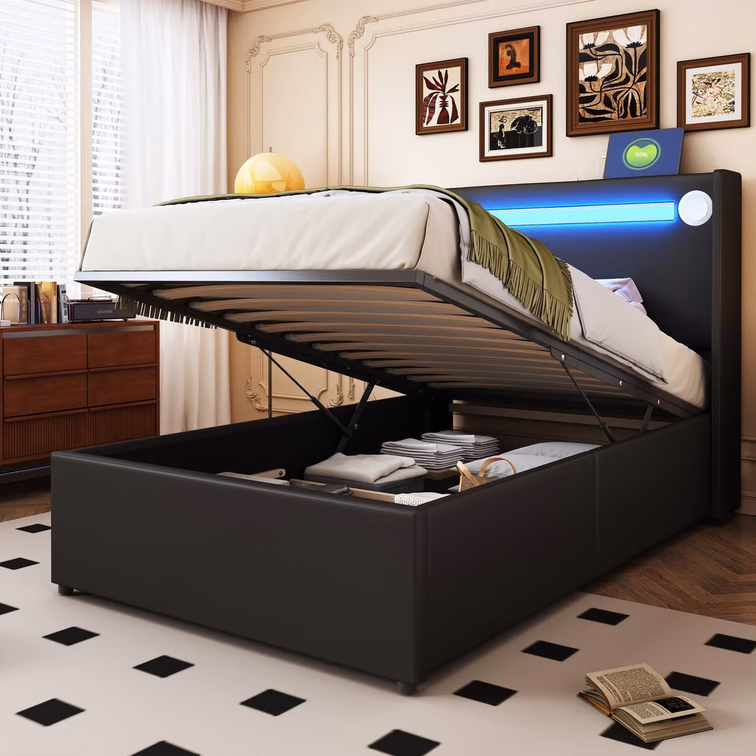 Letto imbottito Merax 90x200 cm con striscia LED, letto per ragazzi con altoparlante Bluetooth, prese USB, spazio contenitore con sistema idraulico, rivestito in ecopelle, colore nero