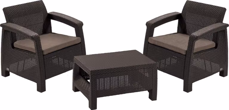 Set da balcone Keter Corfù per 2 persone, 2 poltrone con tavolo, resistente alle intemperie, marrone