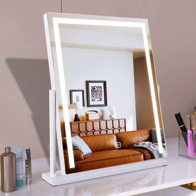 Specchio da trucco a LED, 52x58 cm, con dimmer touch, rotazione a 360°, colore bianco