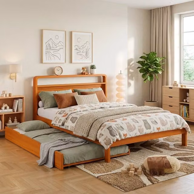 Letto matrimoniale con letto estraibile ¨C Minimal ¨C Legno di pino naturale 140x200 cm, testiera arrotondata 90x190 cm