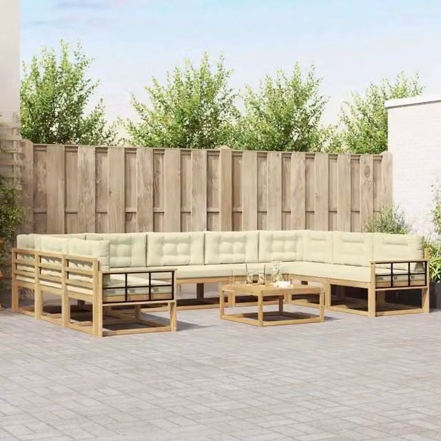 Set di divani da esterno a L vidaXL in legno di acacia con cuscini bianco e beige