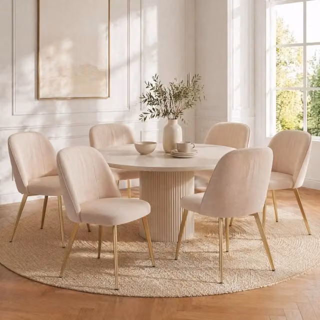 Desviae Sedia da Pranzo Set da 6 con Schienale Ergonomico e Gambe in Metallo, in Velluto Beige e Dorato