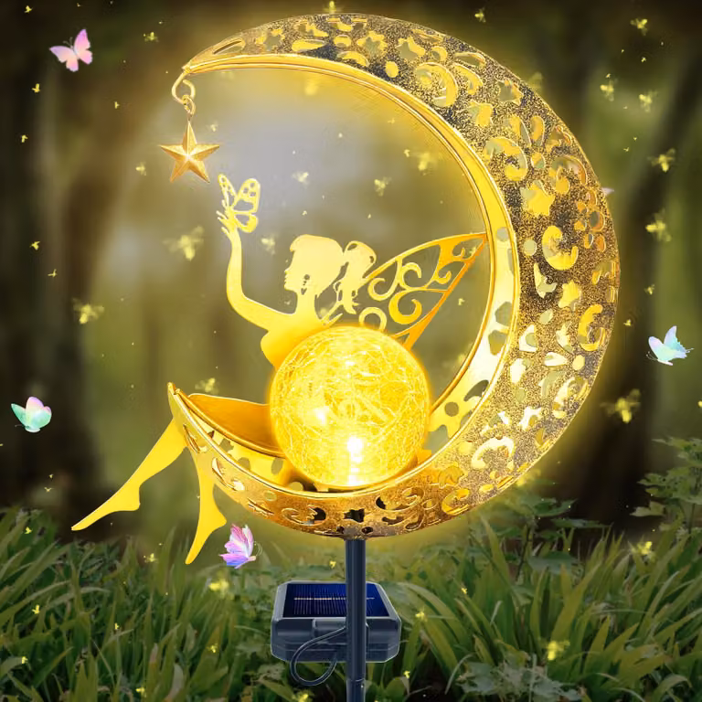 Lampada solare da giardino con motivo lunare e fatine, in metallo, grado di protezione IP65, luce bianco caldo