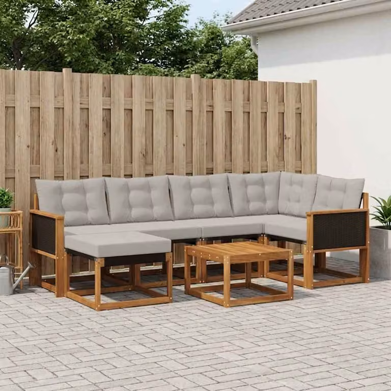 Set di divani da esterno vidaXL 7 pz in legno di acacia con cuscini beige e grigio chiaro