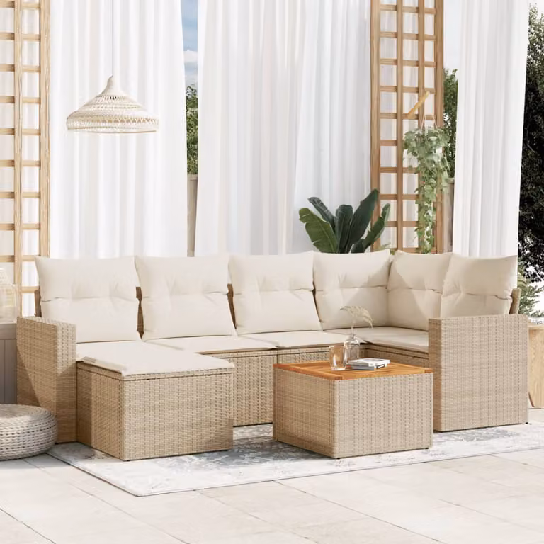 Set di divani da giardino vidaXL in polyrattan beige con 7 pezzi e cuscini inclusi