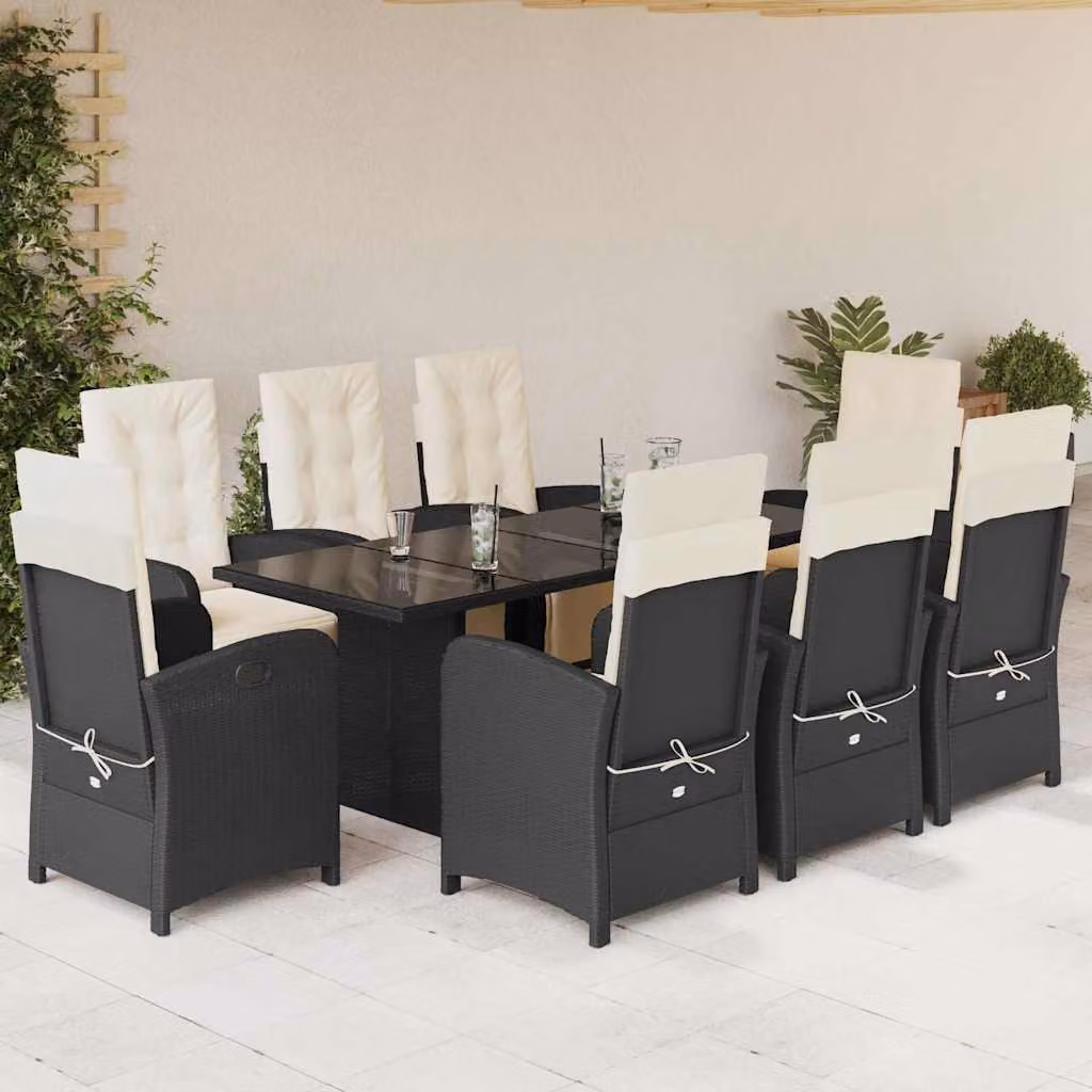 Set da Pranzo da Giardino vidaXL in Polyrattan Nero con Cuscini e Tavolo in Vetro, 9 Pezzi – 1
