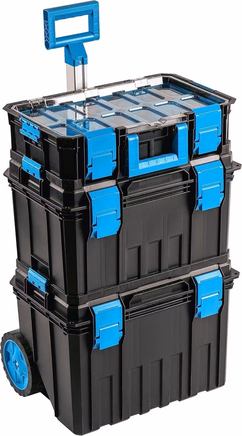 Cassetta degli attrezzi modulare su ruote, composta da 4 elementi, con chiusure in ABS robuste e design resistente alla polvere