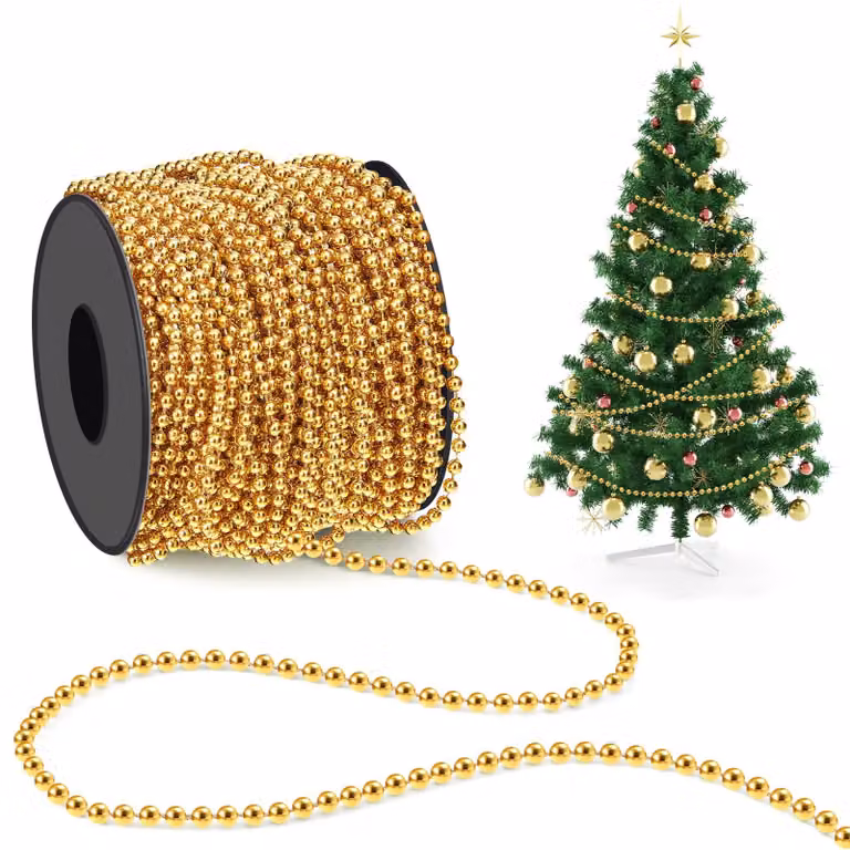 Collana di perline natalizie, lunghezza 21 metri, diametro 4 mm, colore oro, materiale: plastica