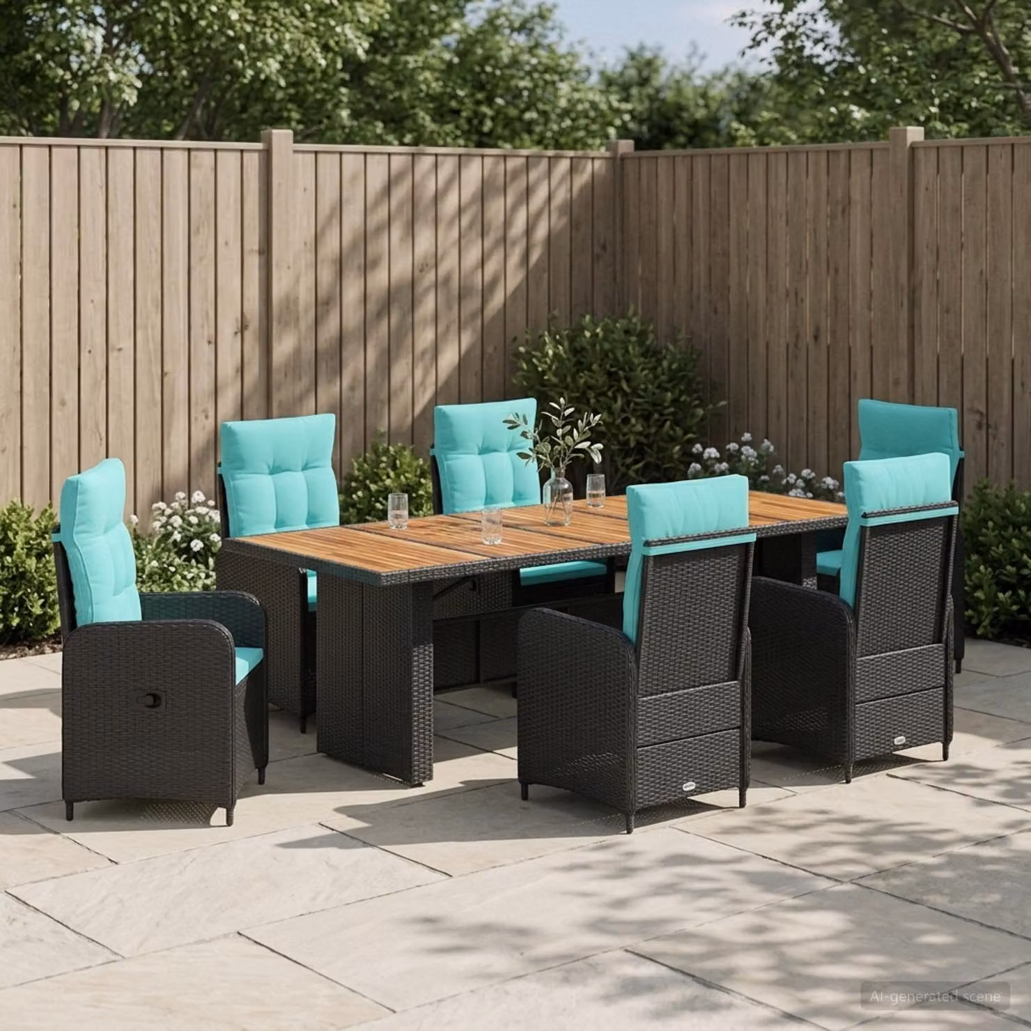 Set da pranzo per esterni vidaXL in polyrattan da 7 pezzi Nero e Turchese con tavolo in legno di acacia