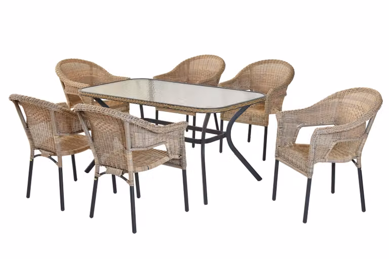 Merxx Ravenna Set di mobili da giardino 7 pezzi, 6 sedie impilabili, tavolo 150 x 85 cm, naturale - alluminio/polyrattan