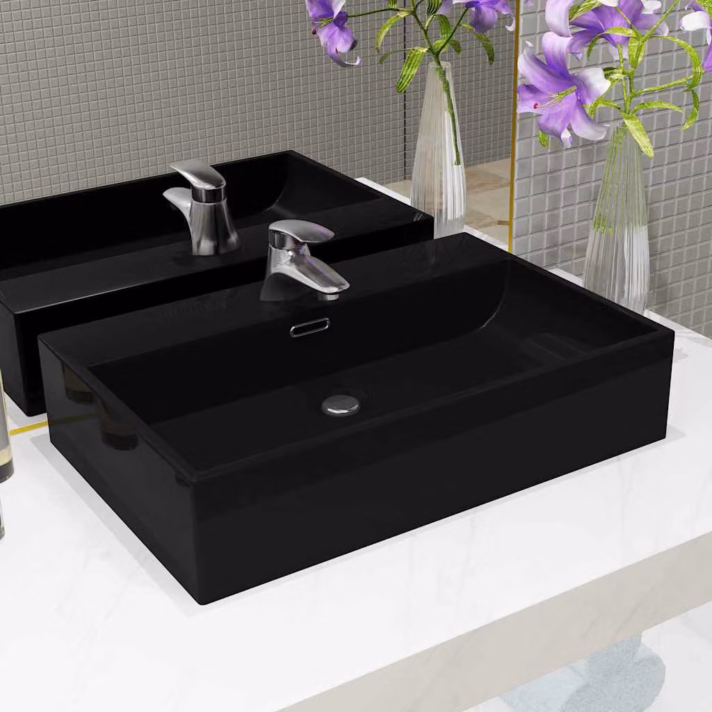 Lavandino in ceramica nero vidaXL con foro rubinetto e troppo pieno, L: 76 cm, P: 42,5 cm, H: 14,5 cm
