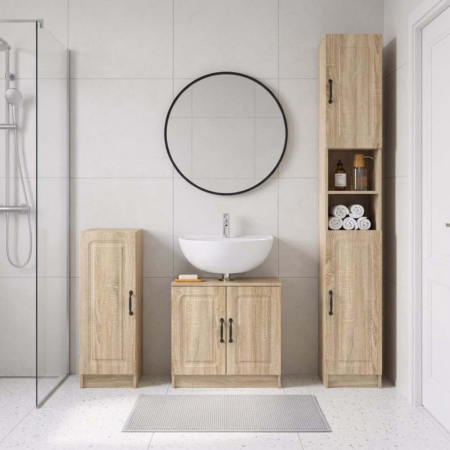 Set di 3 armadietti da bagno moderni vidaXL UTRECHT in Rovere Sonoma e marrone con ante a cerniera e ripiani interni