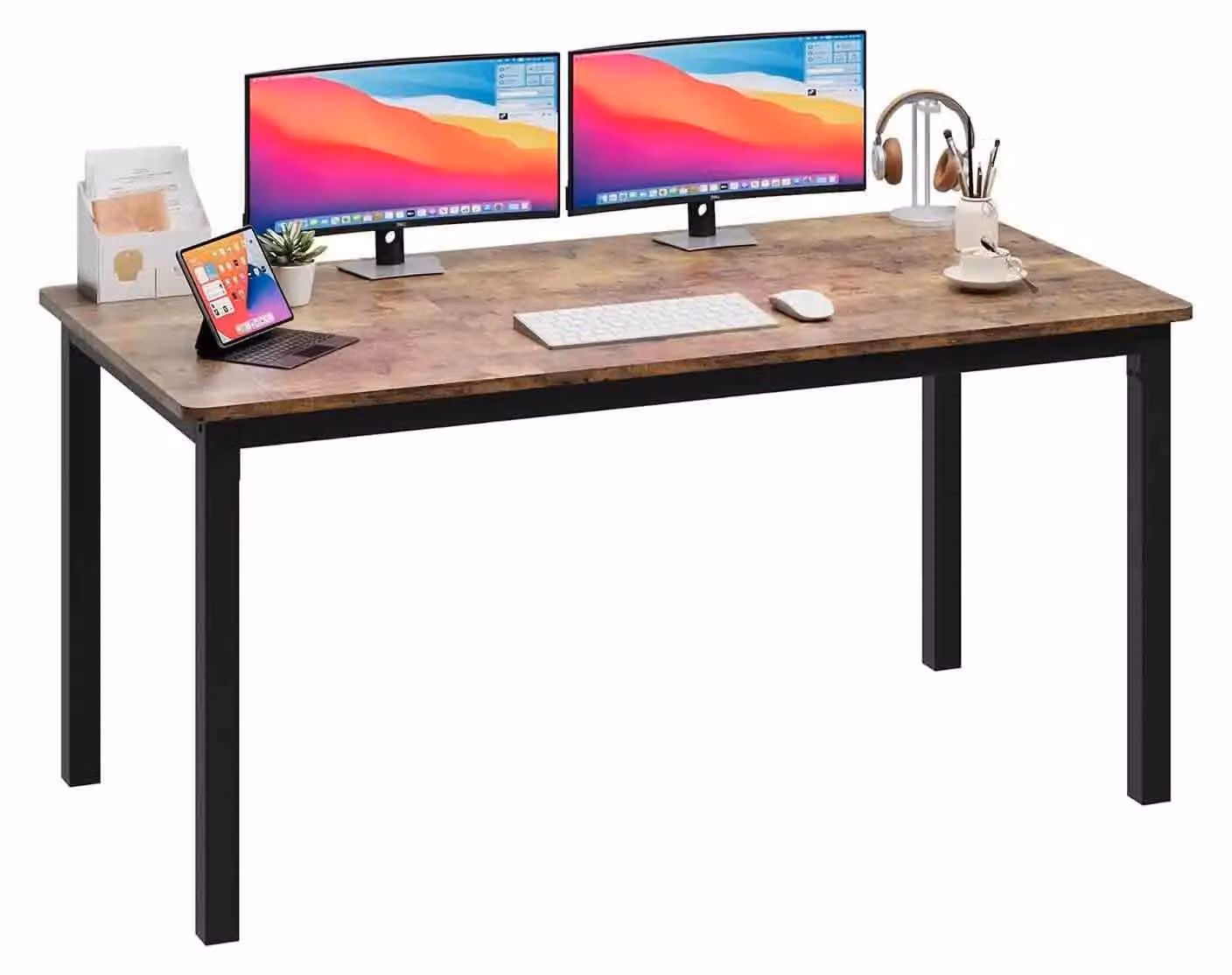 Scrivania per computer e gaming - Scrivania - 160 cm rettangolare - Piano in legno - Robuste gambe in metallo - Ufficio domestico - Marrone