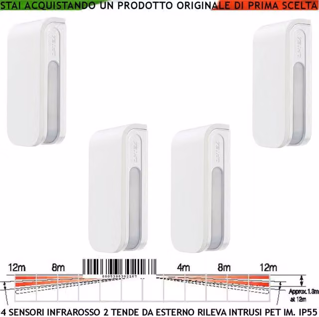 Sensore di movimento a doppia tenda infrarossi Securvera con 4 sensori PIR, portata 12+12 metri, bianco