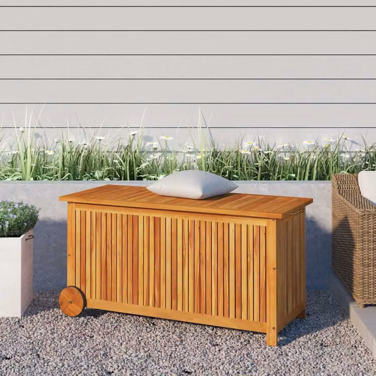 Contenitore da giardino con ruote vidaXL in legno di acacia oliato marrone L: 113 cm, P: 50 cm, H: 58 cm