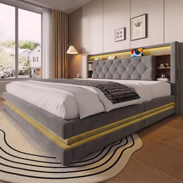 Letto imbottito 180x200 cm con contenitore; LED e USB in velluto grigio scuro