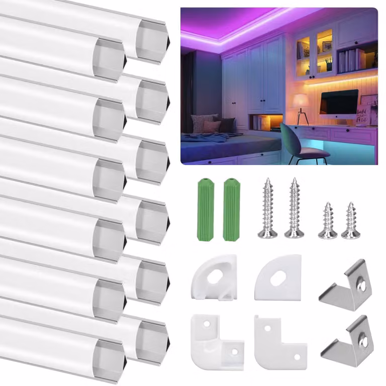 Profilo in alluminio con LED, lunghezza 1 metro, confezione da 12 pezzi, forma a V, completo di accessori, colore argento
