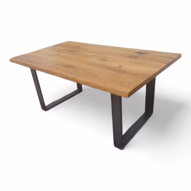 Tavolo con bordo naturale 180x100cm, su gambe in acciaio Ulegs, tavolo da soggiorno, tavolo da pranzo, tavolo unico, piano in rovere massiccio