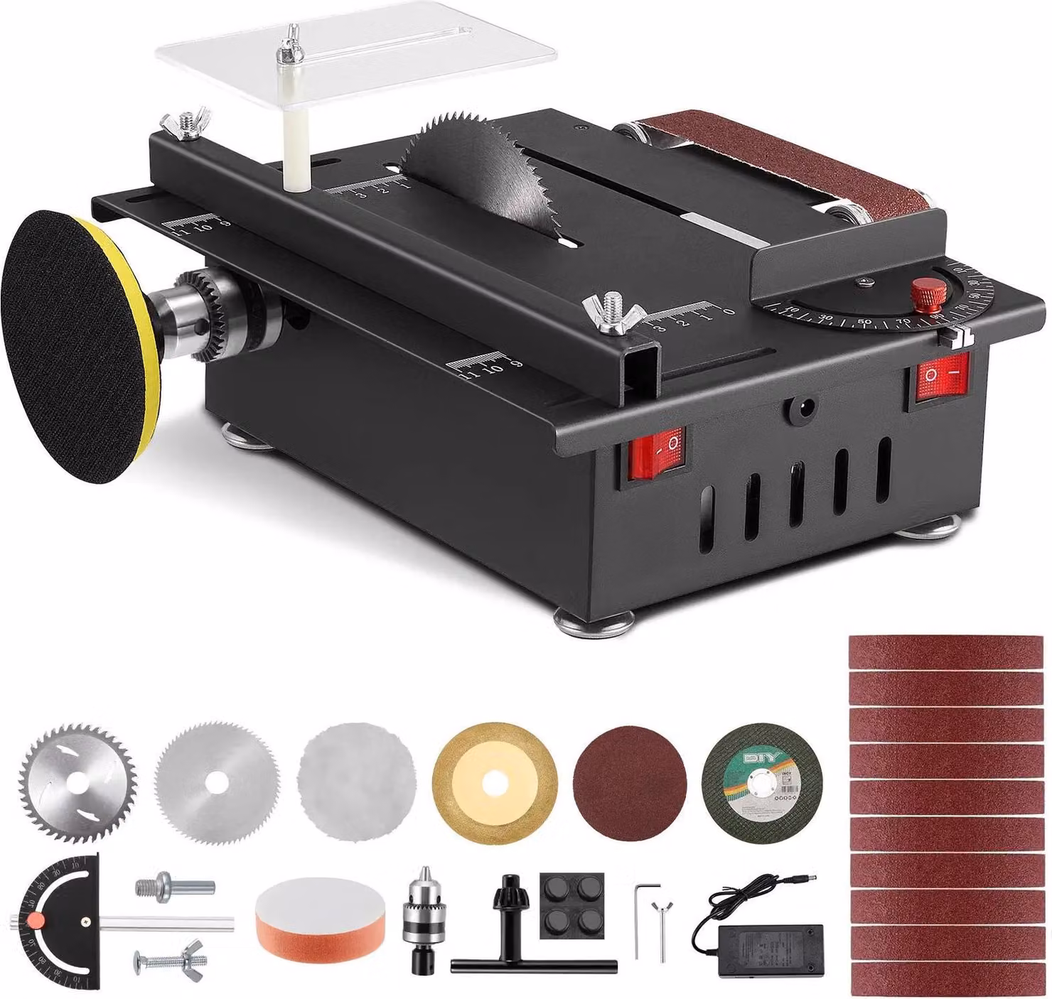 Mini sega circolare da tavolo - Sega da tavolo con levigatrice a nastro - 300 W - Portatile - 4 lame - Per il fai da te e la lavorazione del legno - Nero