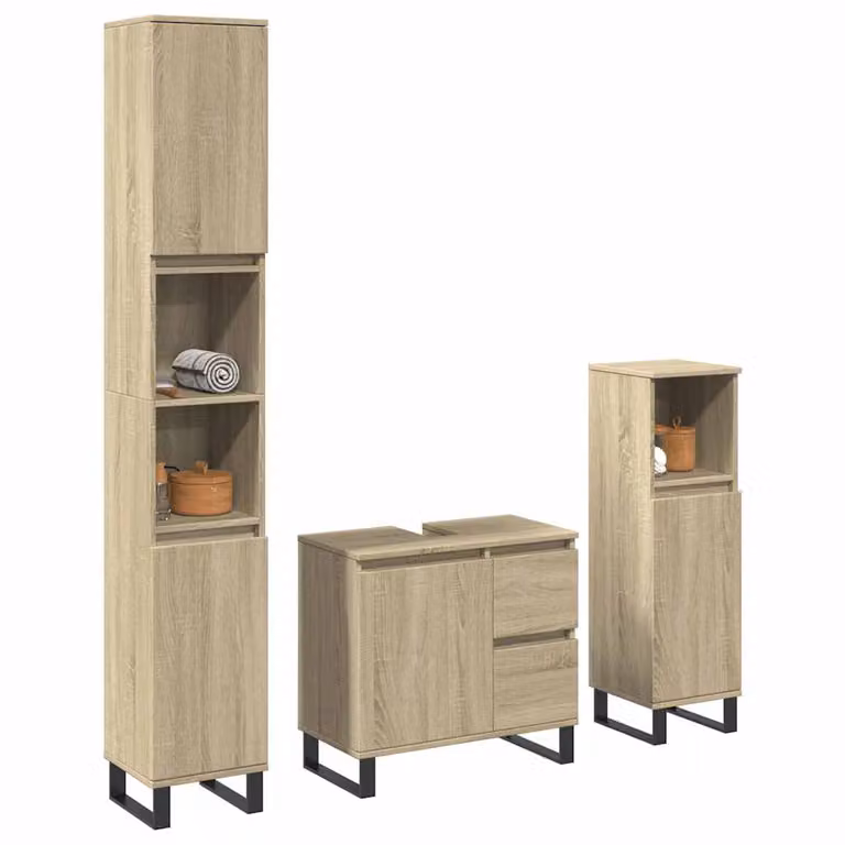 Set di mobili da bagno industrial vidaXL in legno e metallo, 3 pezzi, colore beige e marrone, con vanità, colonna alta e mobile laterale
